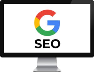 Computer monitor with google logo and the word SEO.